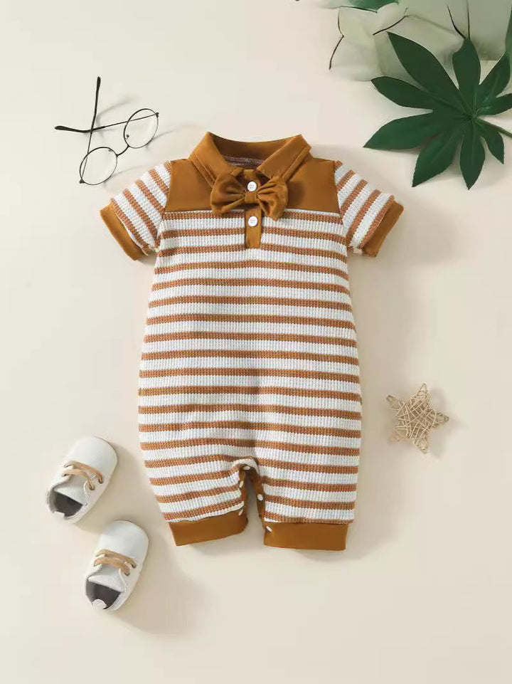 Stylish and Comfortable Baby Boy Fashion Waffle Strip Short Sleeve Rompers