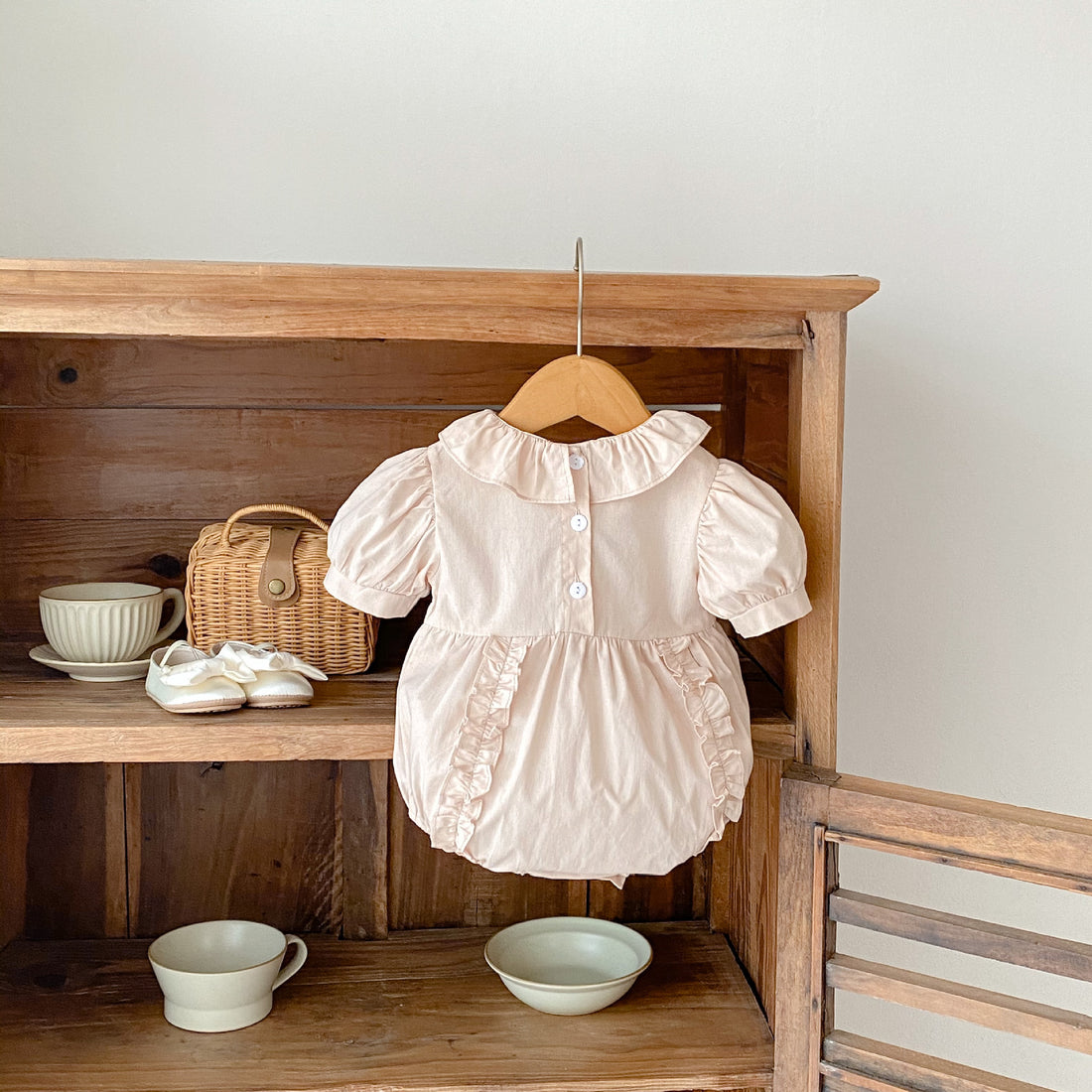 Pure Cotton Puff Sleeve Wooden Ear Baby Girl Rompers