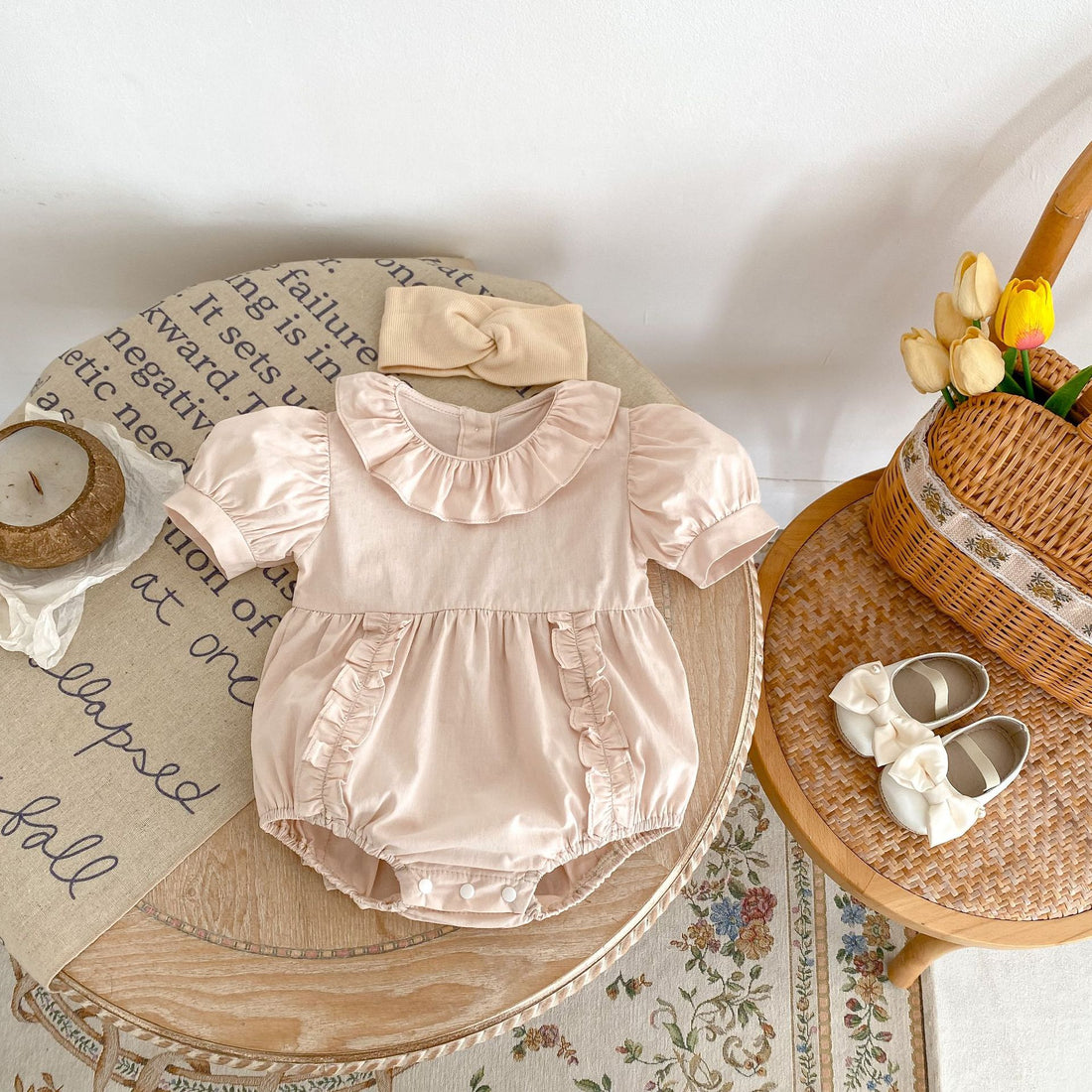 Pure Cotton Puff Sleeve Wooden Ear Baby Girl Rompers